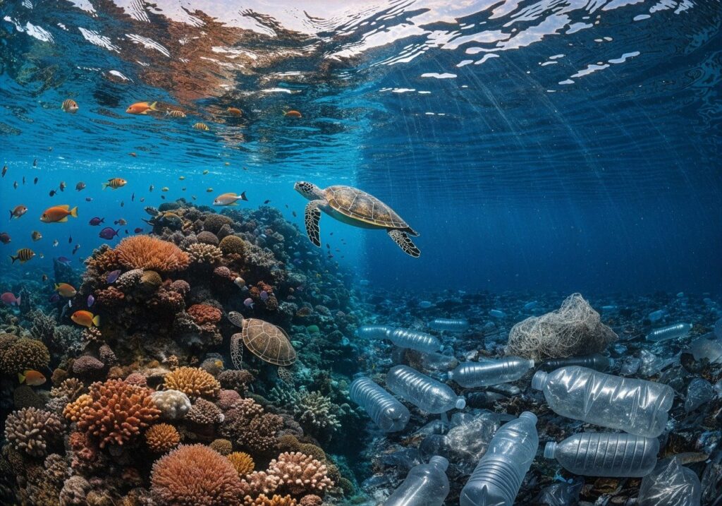 Earth day, ocean pollution, marine life, plastic waste, sea turtle, underwater pollution, environmental damage, save ocean, marine ecosystem, climate change, ocean conservation, water pollution, biodiversity loss, sustainability, coral reef, plastic crisis, environmental awareness, ocean life, eco protection, global pollution, ai generated
