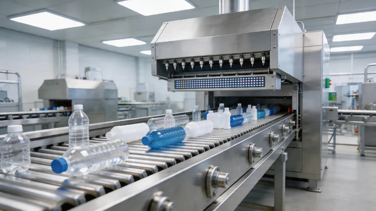 Automated plastic bottle sorting line at a recycling facility