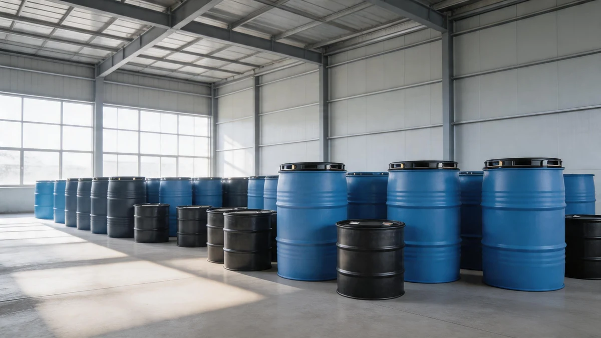 Recycled HDPE plastic drums and industrial containers at a warehouse