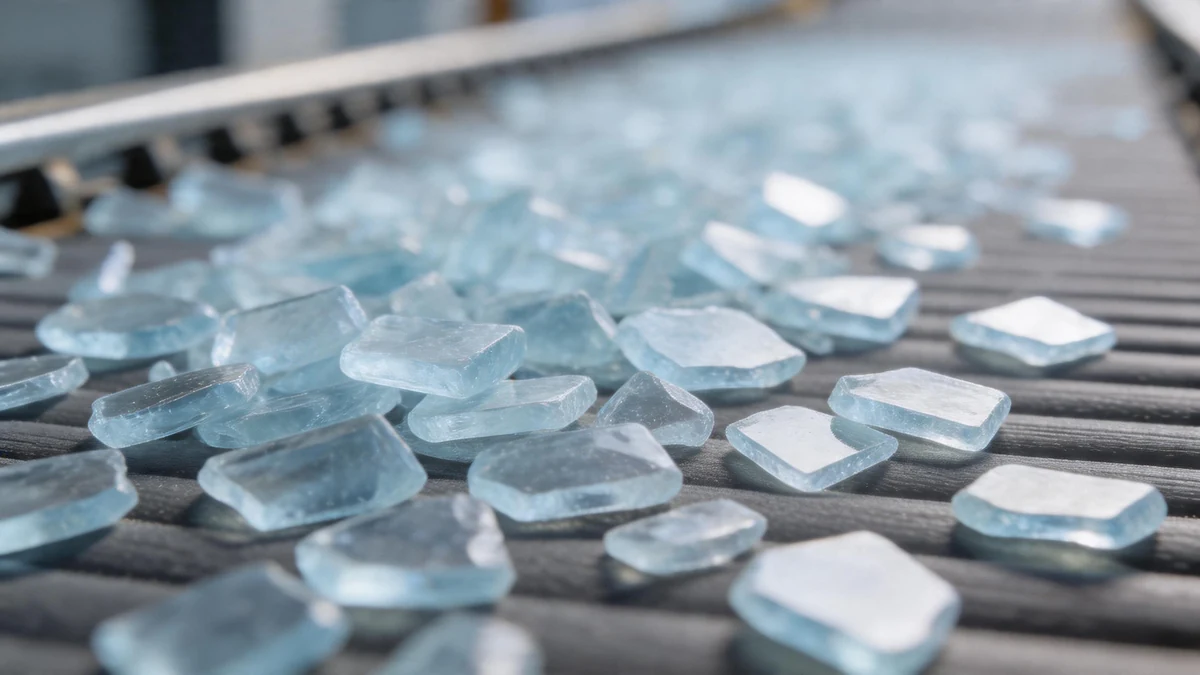 Clear PET plastic flakes on an industrial conveyor