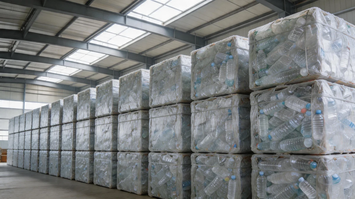 Compressed PET plastic bottle bales at a recycling facility