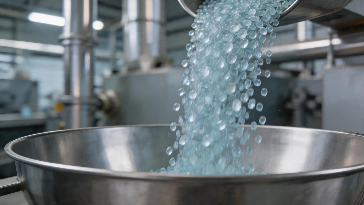 Transparent recycled PET (rPET) pellets at a recycling plant