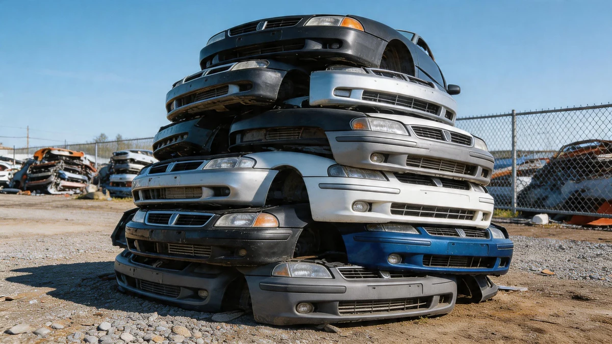 Sterta zużytych samochodowych zderzaków polipropylenowych na placu recyklingu